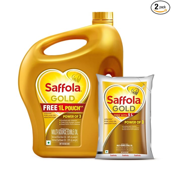 5 Litre Jar + 1L Pouch Saffola Gold Refined Cooking oil | Power of 3 - Balance of Good Fats, Triple Anti-Oxidant System & Fortified with Vitamins | Multi-Source Edible Rice Bran & Sunflower Oil |